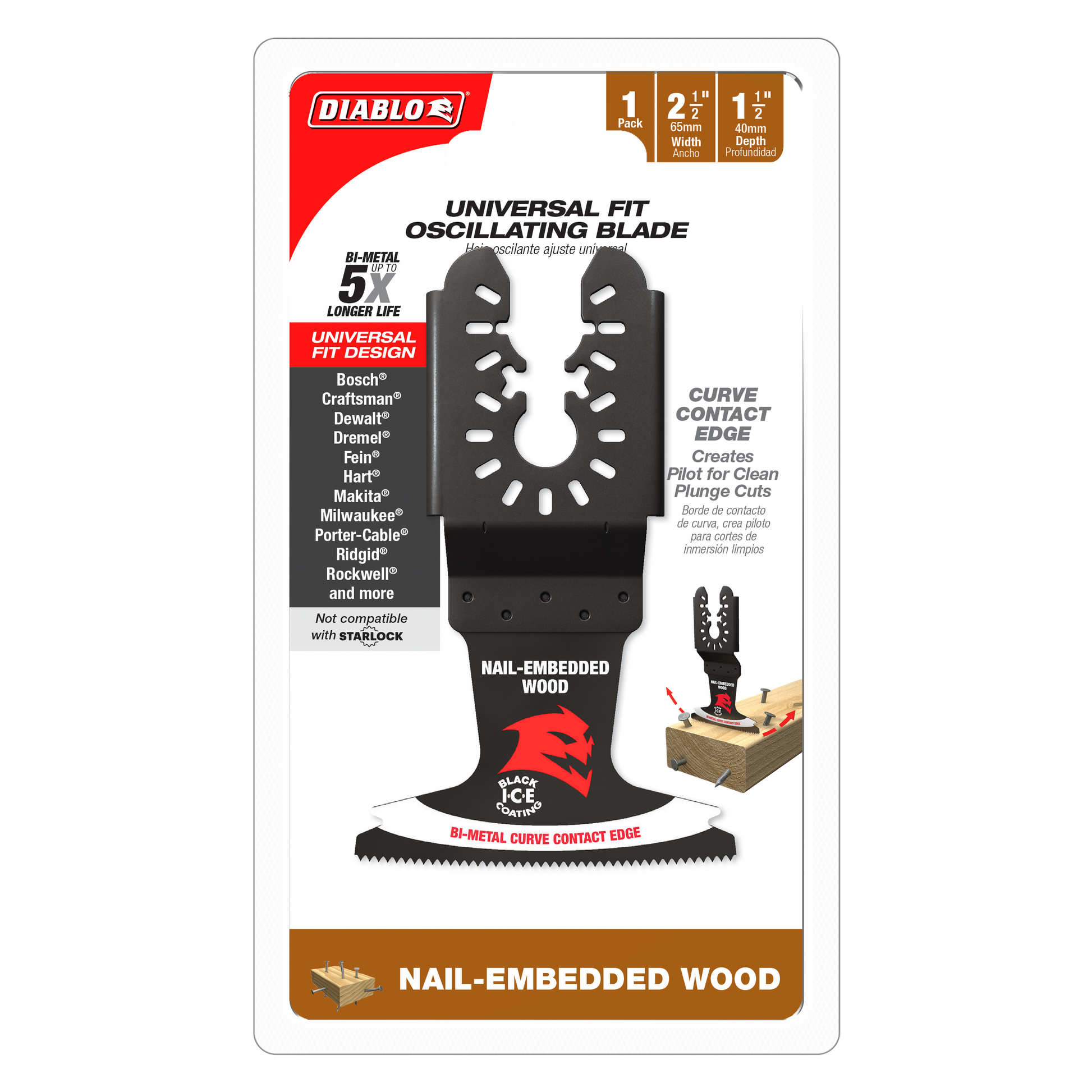 Black bi-metal oscillating blade with curved contact edge and slotted design for universal fit compatibility.