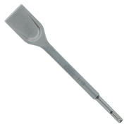 Gray SDS-Plus wide chisel with flat rectangular head and cylindrical shank against white background.