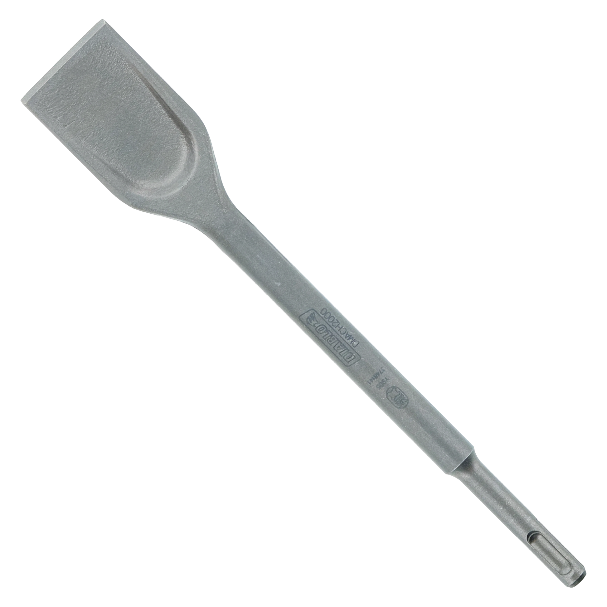 Gray SDS-Plus wide chisel with flat rectangular head and cylindrical shank against white background.
