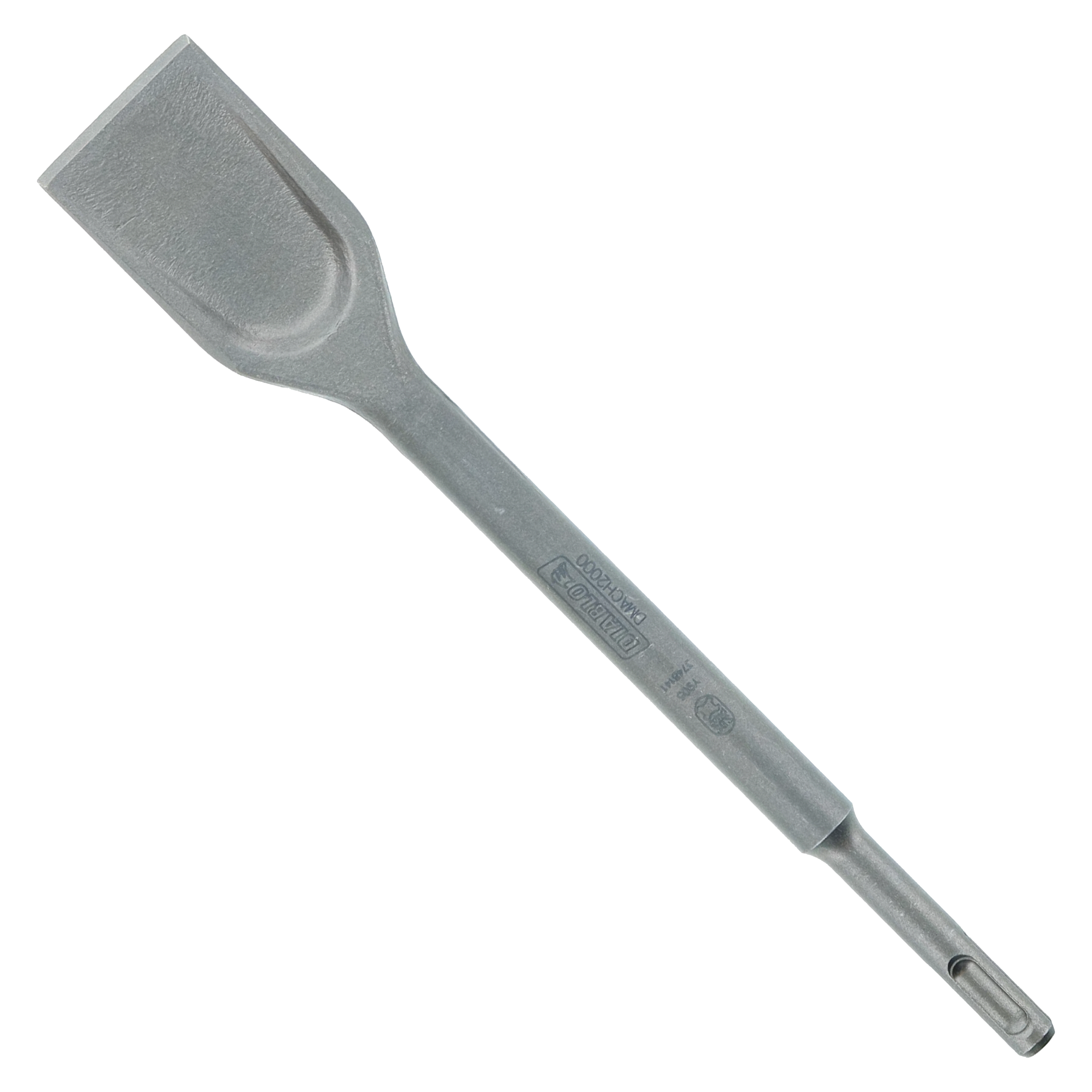 Gray SDS-Plus wide chisel with flat rectangular head and cylindrical shank against white background.