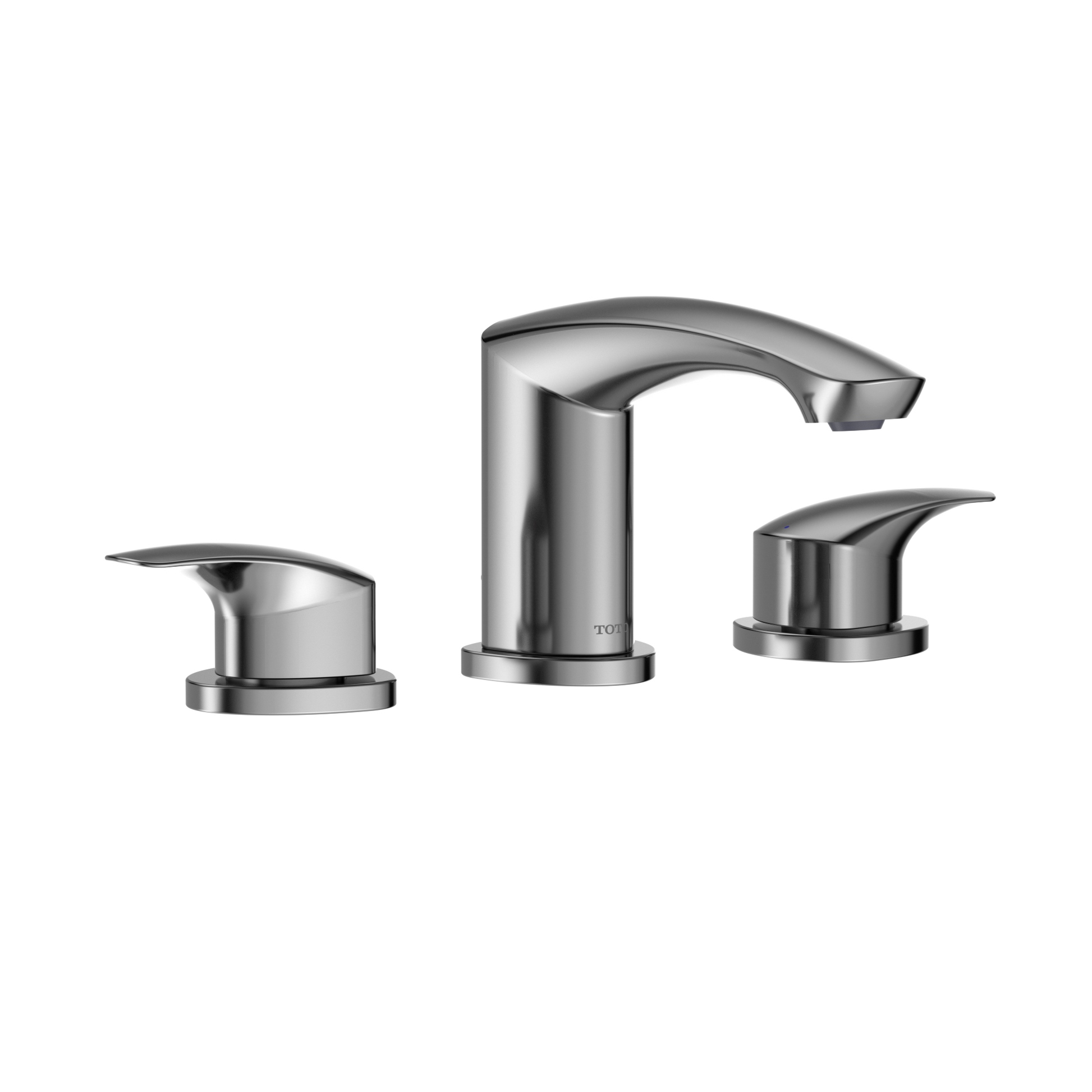 Polished chrome widespread bathroom sink faucet with curved spout and two lever handles.