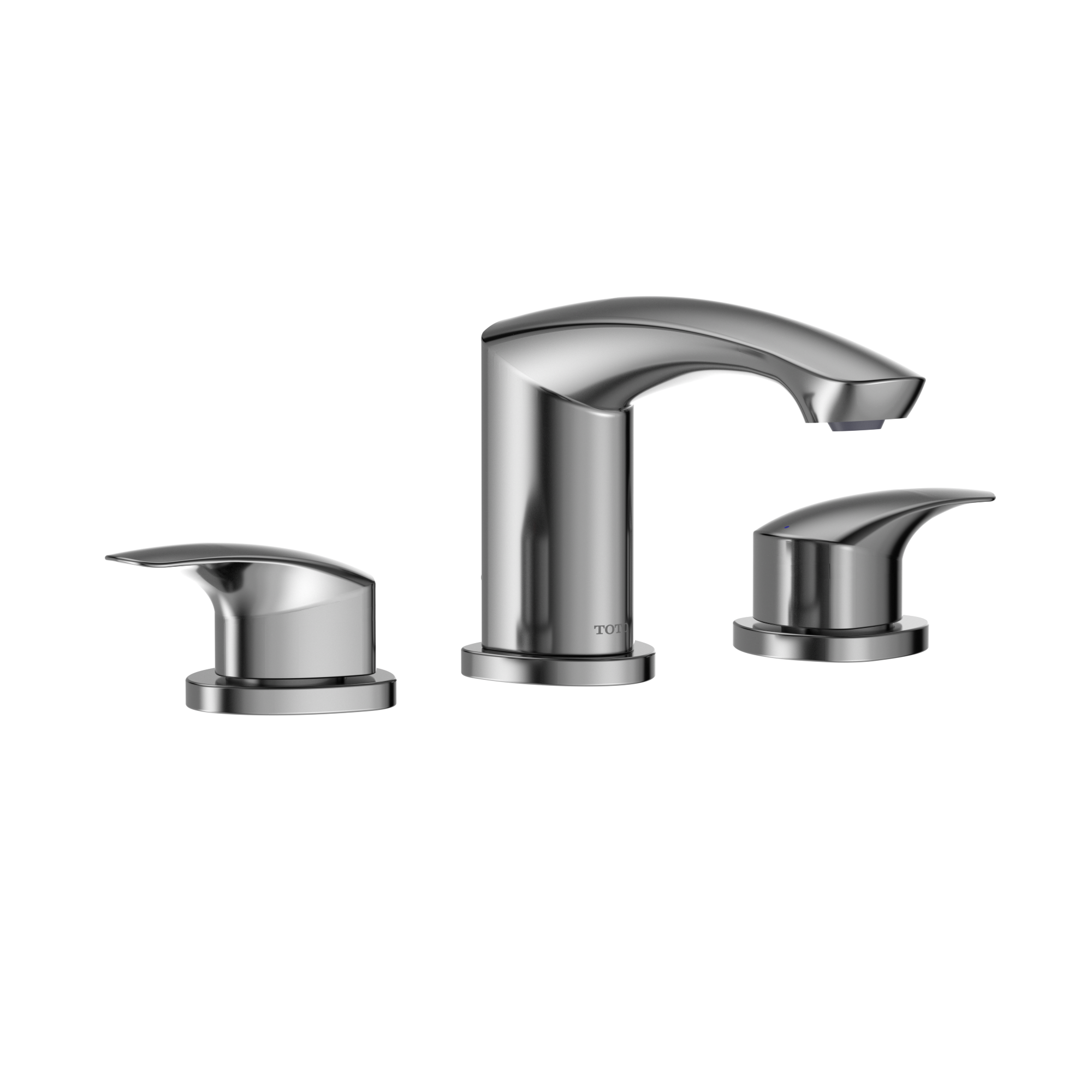 Polished chrome widespread bathroom sink faucet with curved spout and two lever handles.