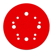 Red 5-inch sanding disc with white hook and loop attachment holes arranged in circular pattern.