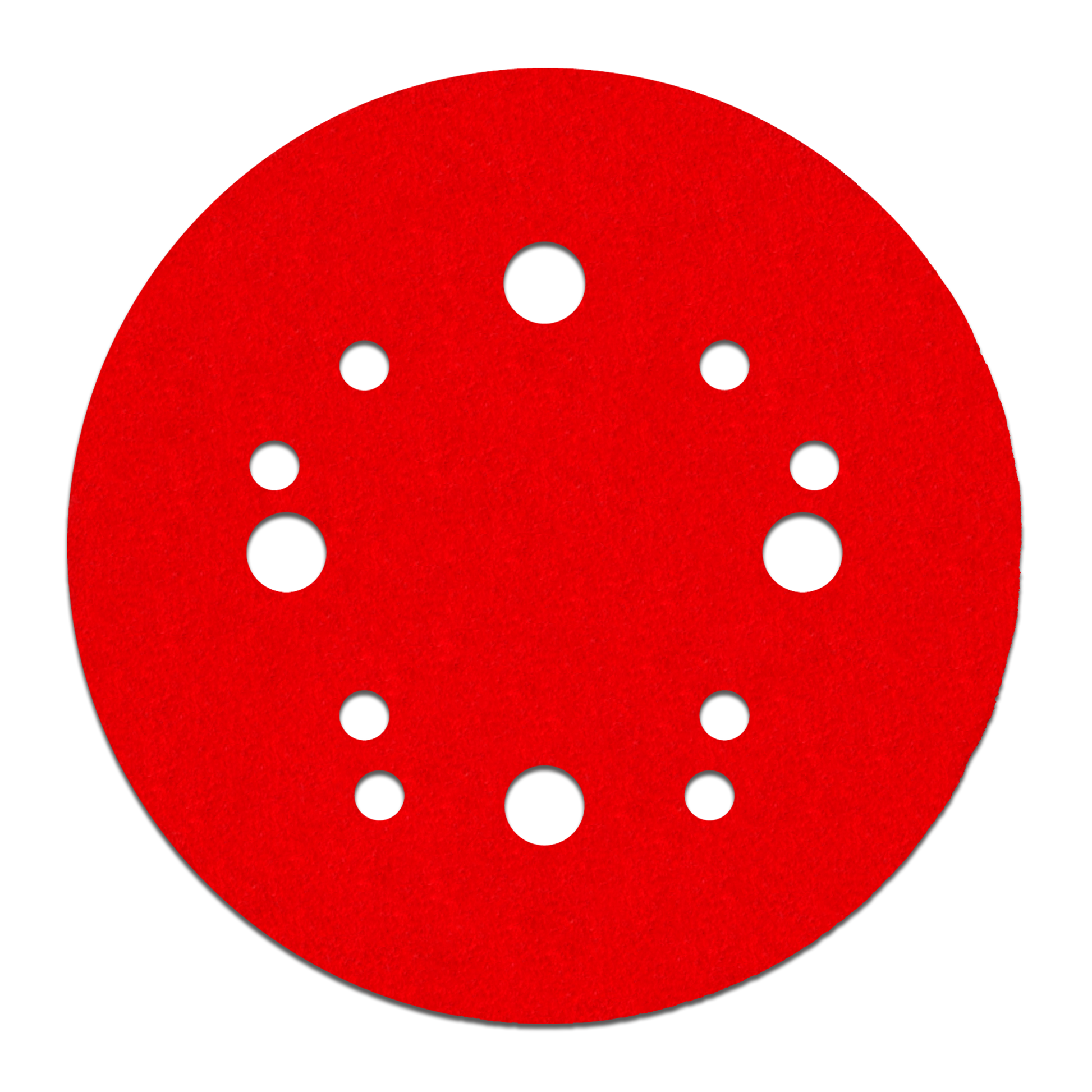 Red 5-inch sanding disc with white hook and loop attachment holes arranged in circular pattern.
