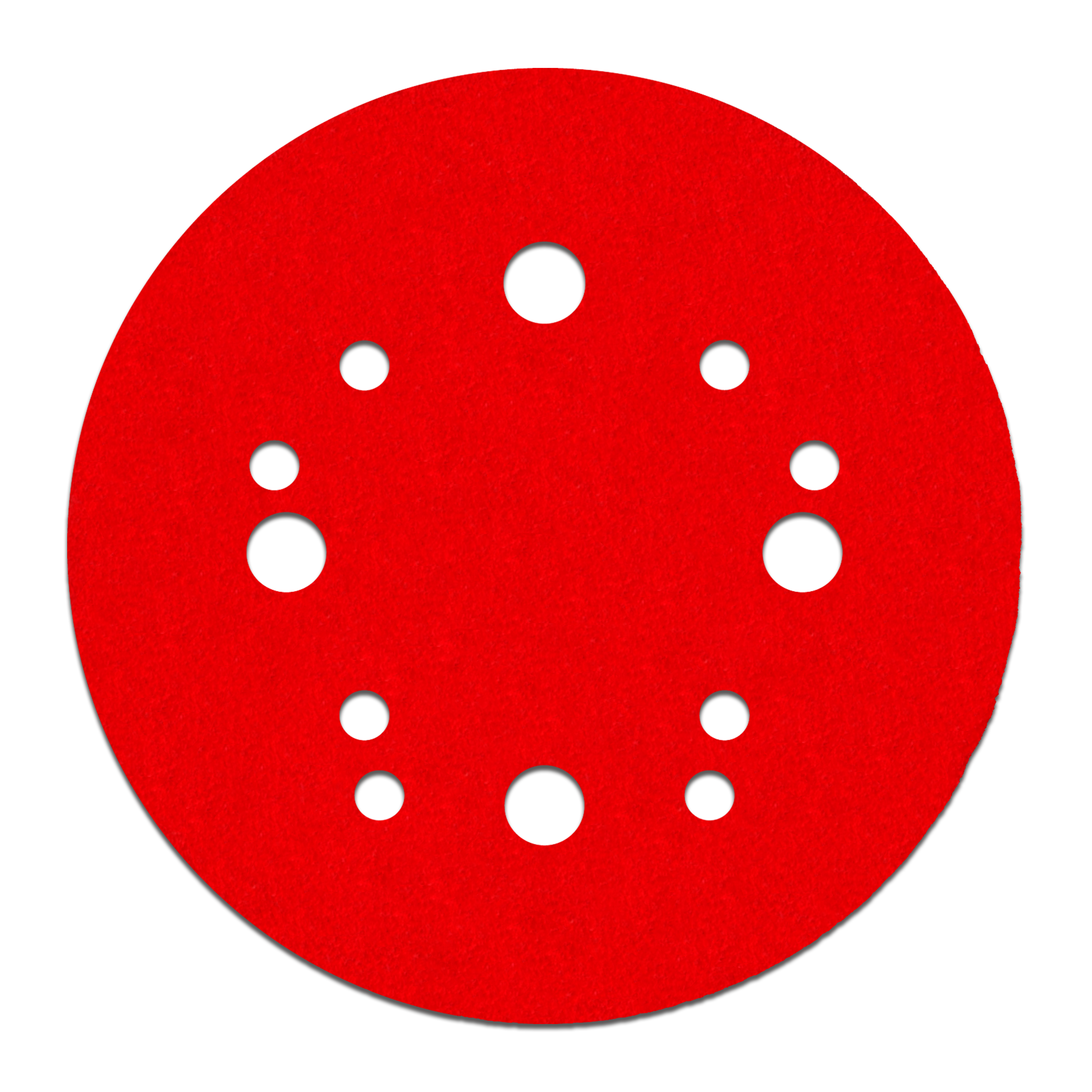 Red 5-inch sanding disc with white hook and loop attachment holes arranged in circular pattern.