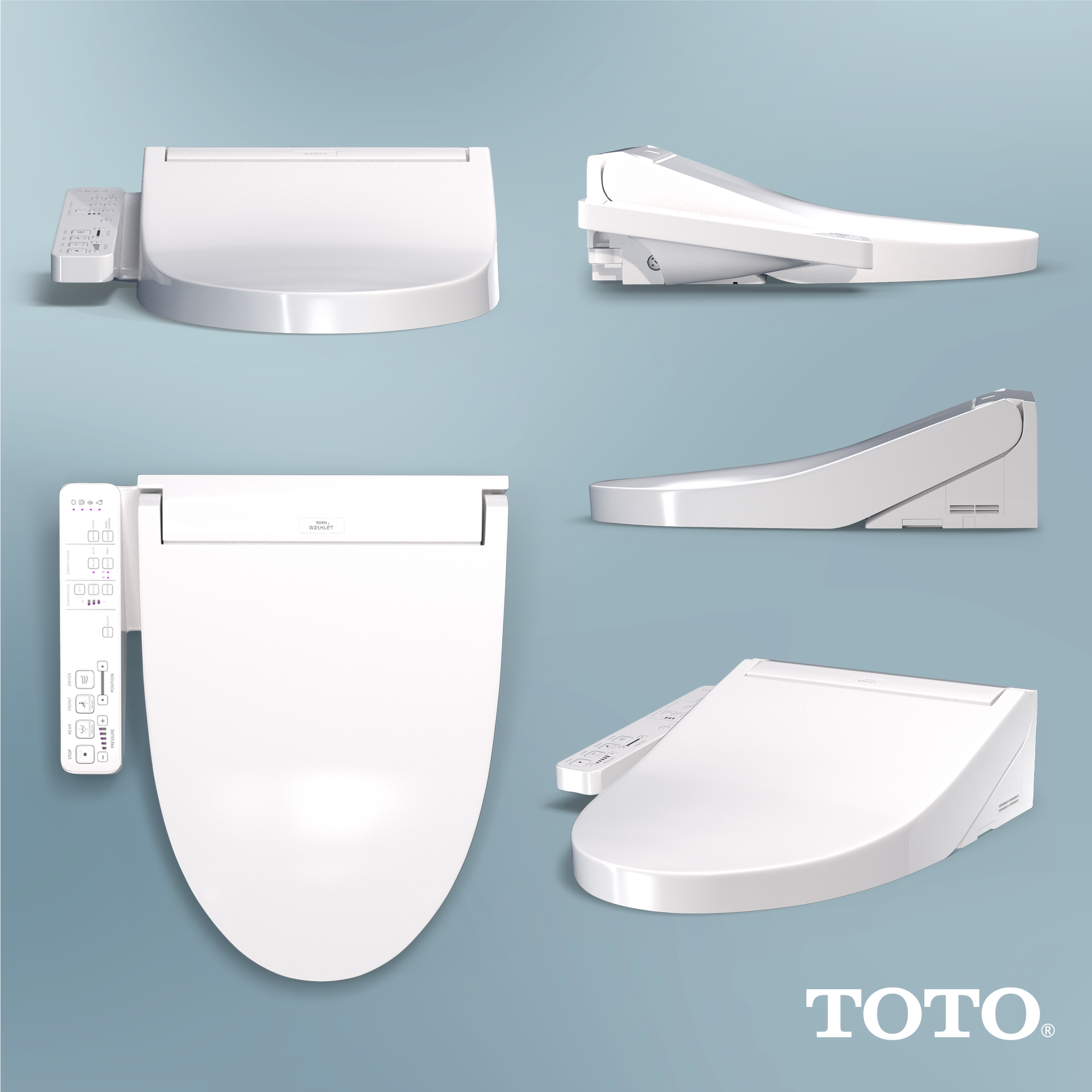 White elongated bidet toilet seat with attached remote control shown from multiple angles.