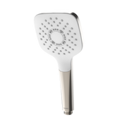 Square white handshower with multiple spray nozzles and polished nickel handle.
