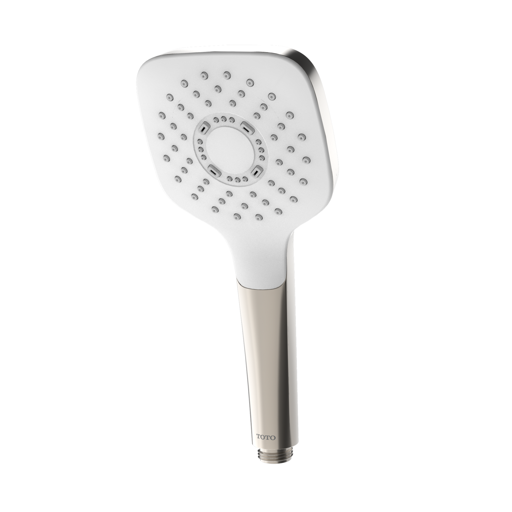Square white handshower with multiple spray nozzles and polished nickel handle.