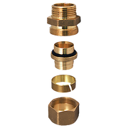 Brass PEX connector components displayed in disassembled view showing threaded fittings and compression ring.