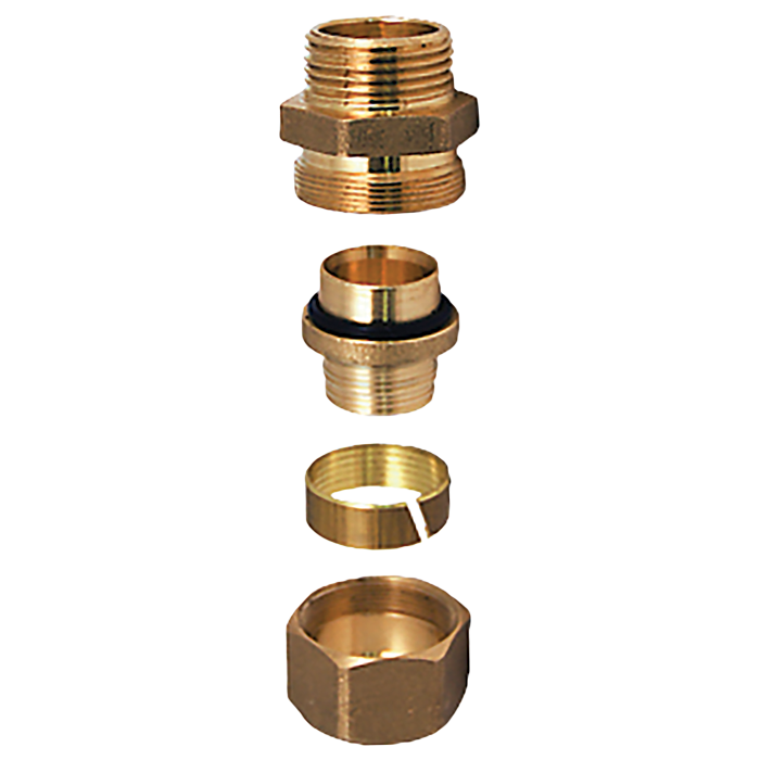 Brass PEX connector components displayed in disassembled view showing threaded fittings and compression ring.