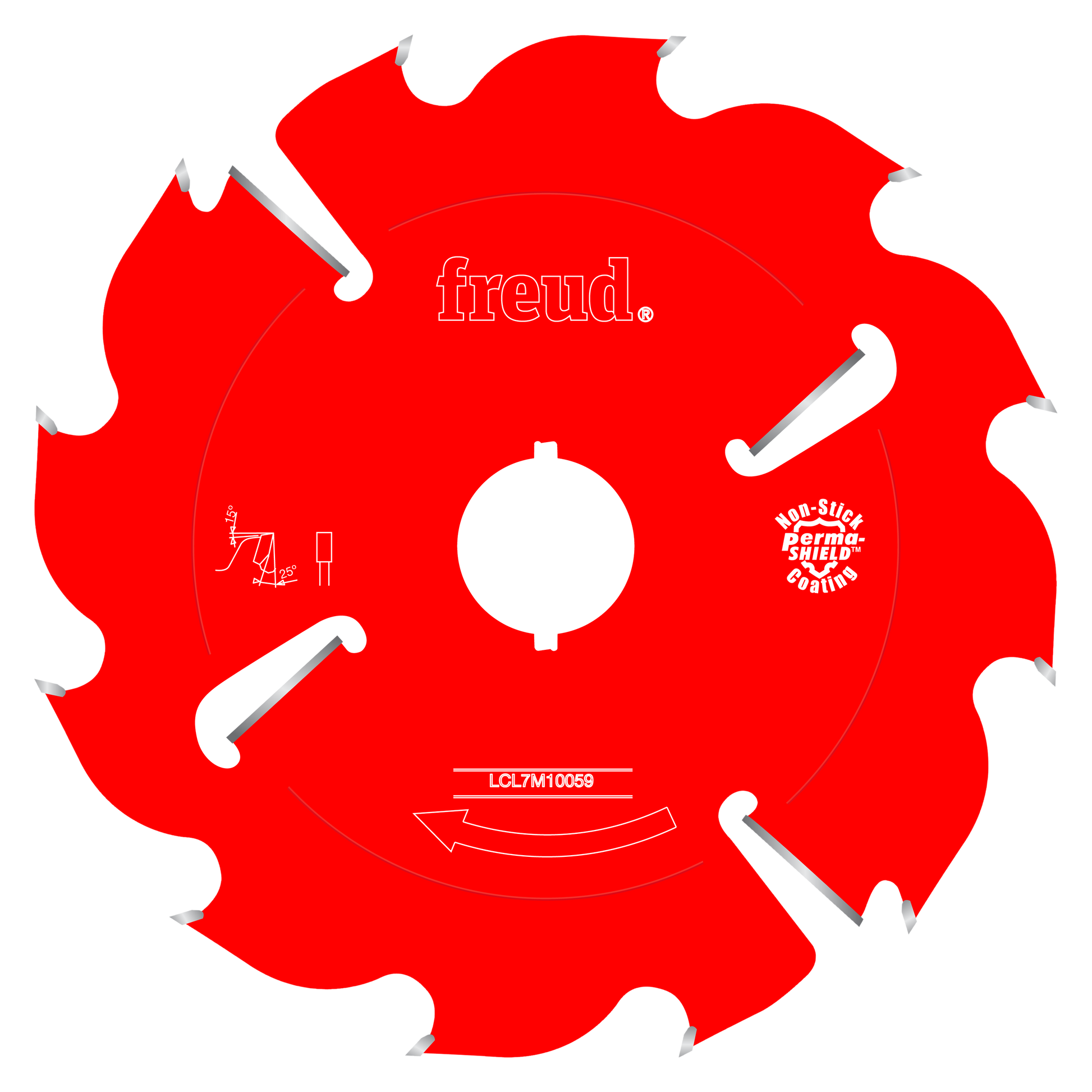 Red circular saw blade with large ripping teeth and white arbor hole, labeled Freud LCL7M10059.