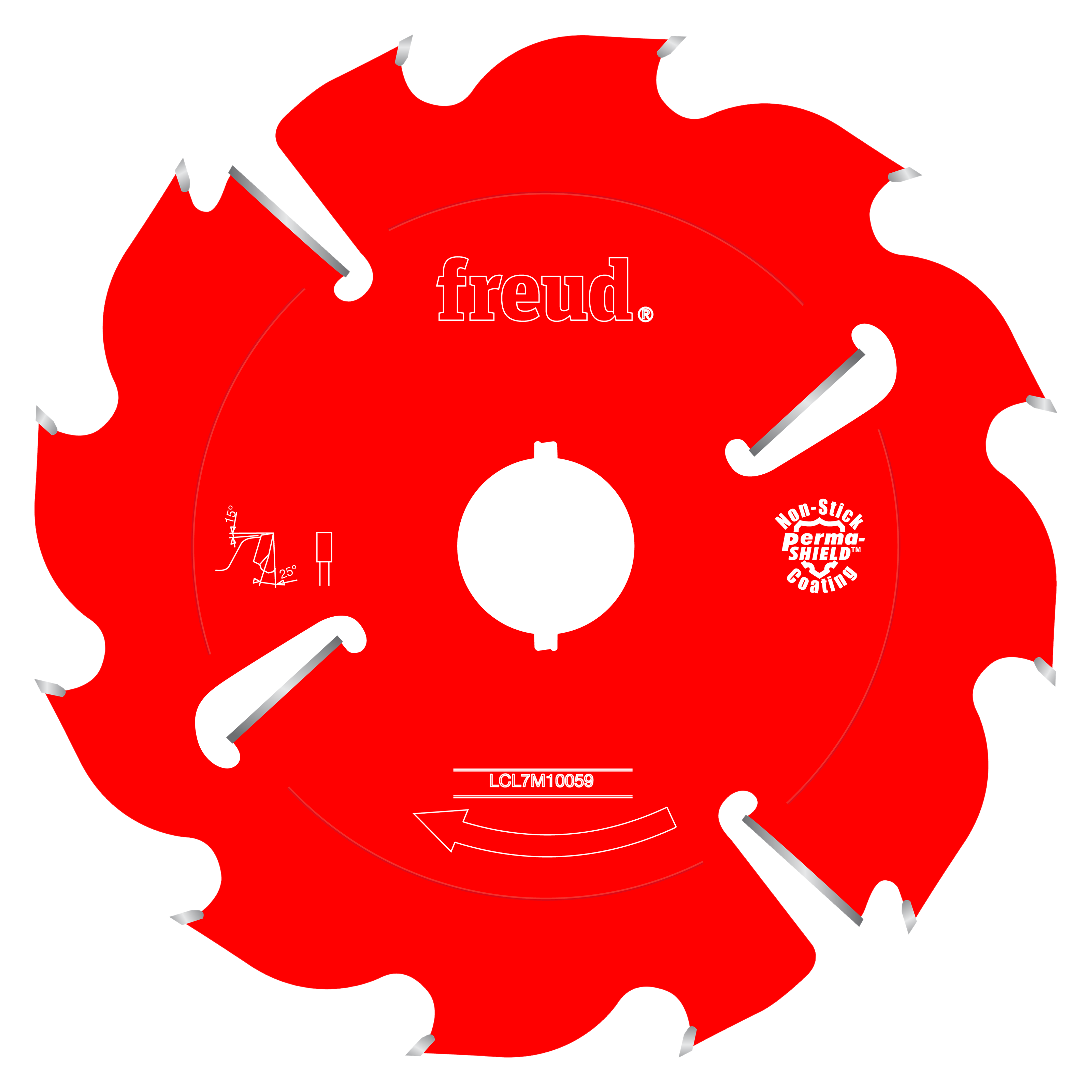 Red circular saw blade with large ripping teeth and white arbor hole, labeled Freud LCL7M10059.