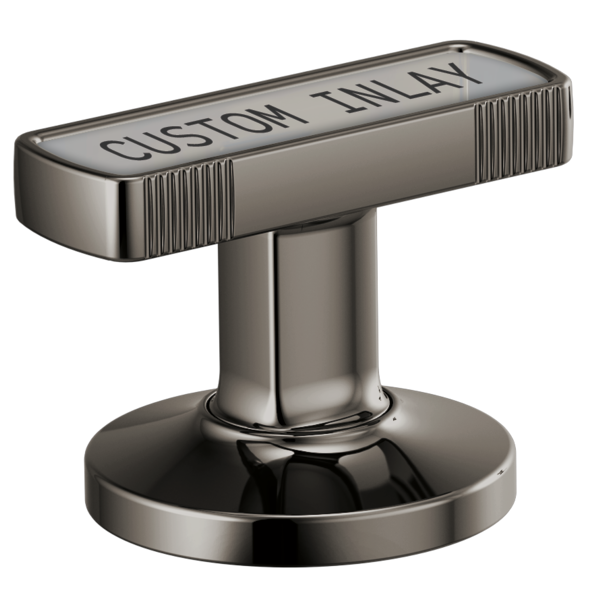 Chrome T-shaped faucet handle with "Custom Inlay" text and ribbed sides on circular base.