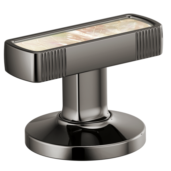 Chrome faucet handle with rectangular pearl inlay top and vertical ribbed sides on round base.
