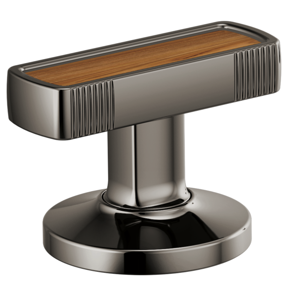 Brushed nickel T-shaped faucet knob with wood inlay handle top and round base.