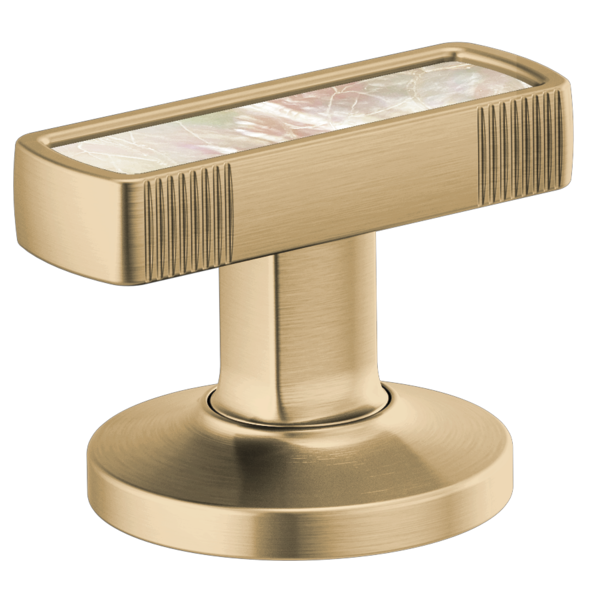 Brushed brass T-shaped lavatory knob with mother-of-pearl inlay and vertical ribbed detailing on circular base.