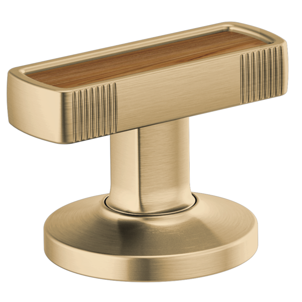 Brass T-shaped faucet knob with wood inlay top and vertical ribbed detailing on cylindrical base.