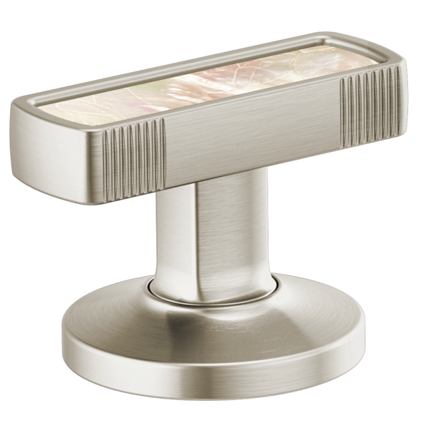 Brushed nickel faucet handle with rectangular top featuring mother-of-pearl inlay and vertical ridged detailing on round base