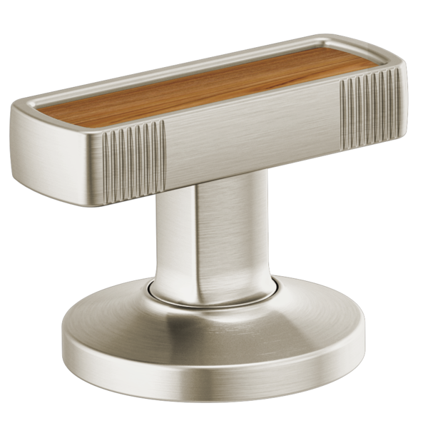 Brushed nickel faucet knob handle with wood inlay top and round base, vertical ribbed detail on sides.