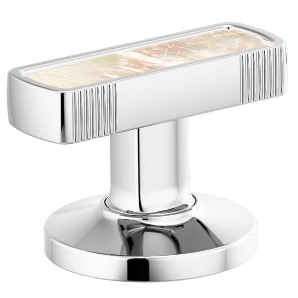 Chrome lavatory knob handle with mother-of-pearl inlay top and vertical ribbed sides on circular base.