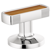 Chrome lavatory knob with wood inlay top and vertical ridged sides on round base.