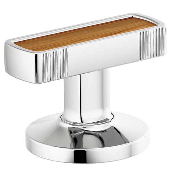 Chrome lavatory knob with wood inlay top and vertical ridged sides on round base.
