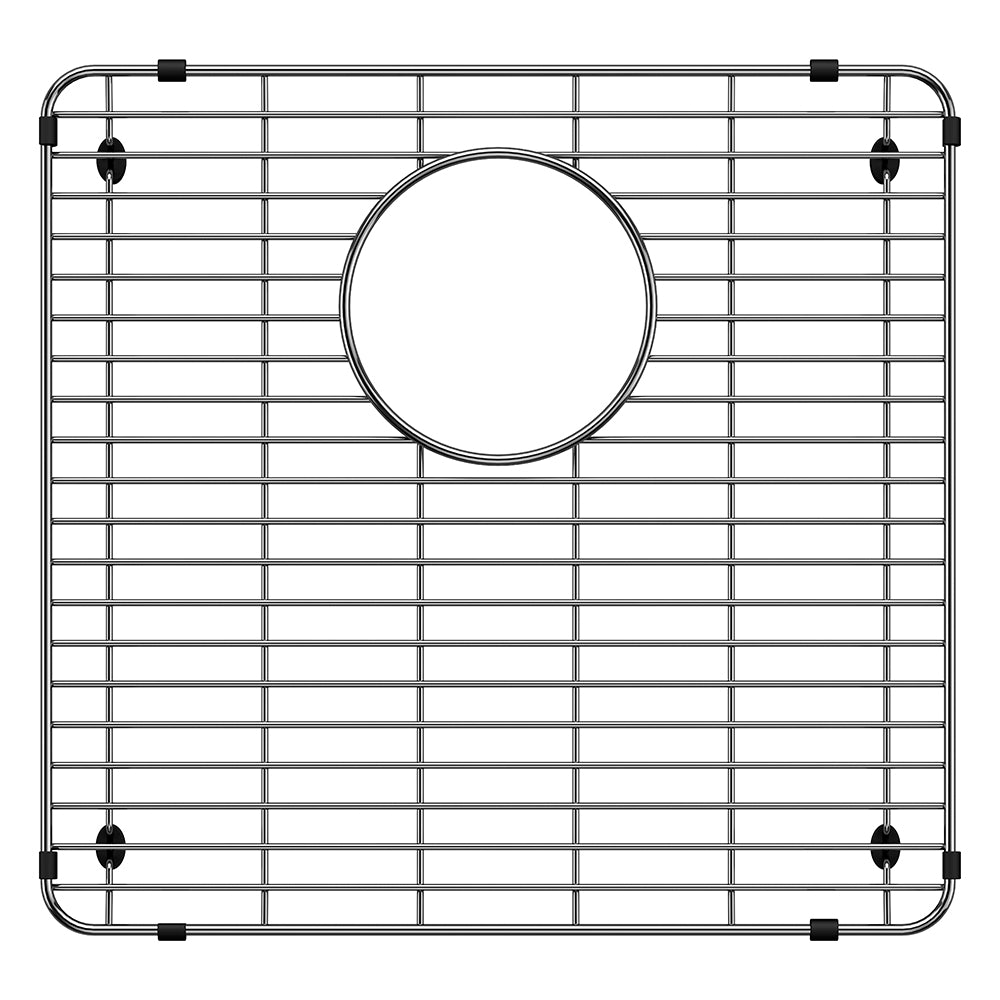 Stainless steel sink grid with horizontal and vertical wires and circular drain opening, featuring corner feet and mounting b