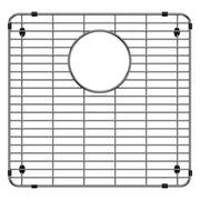 Stainless steel sink grid with horizontal and vertical wires and circular drain opening, featuring corner feet and mounting b