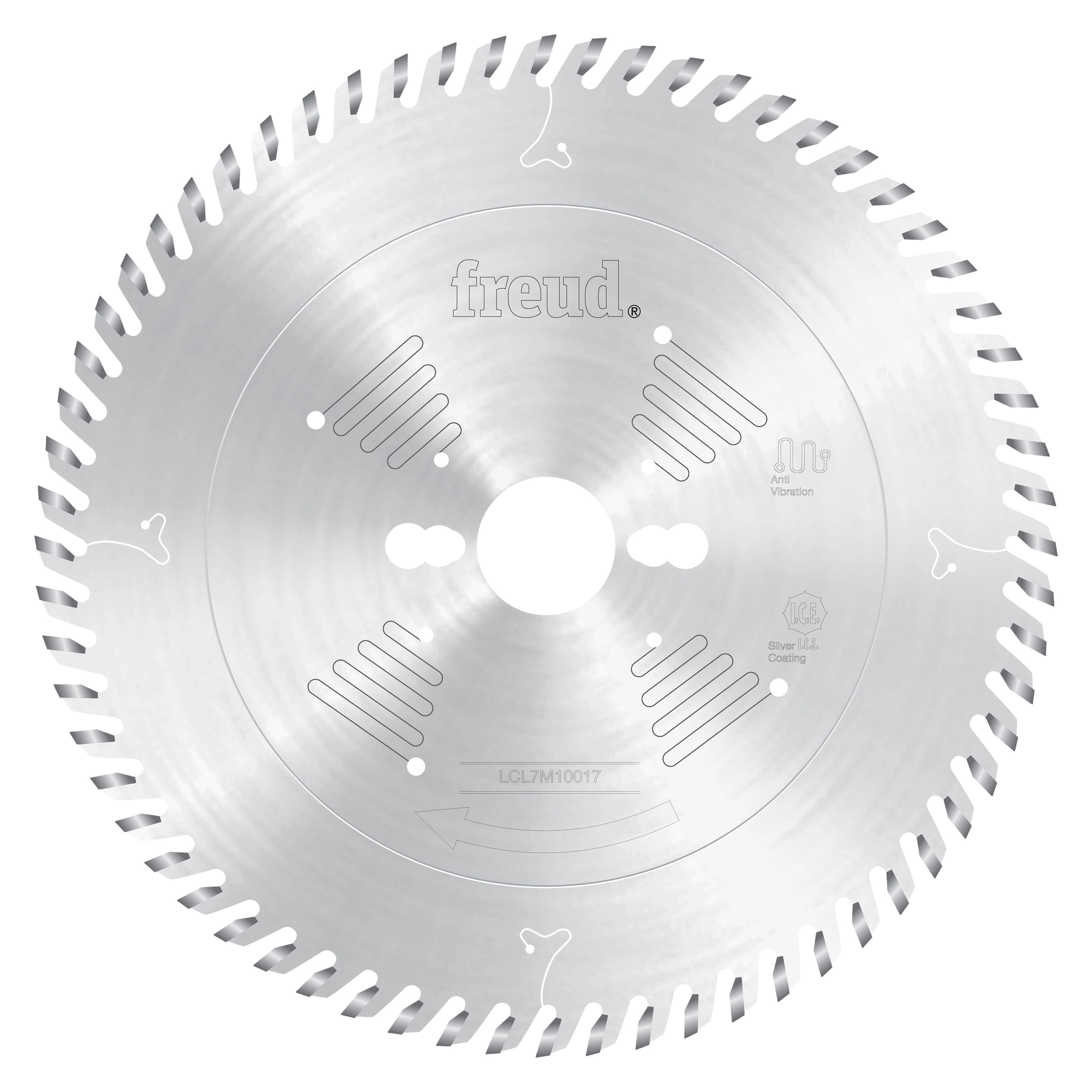 Freud 220mm circular saw blade with fine-toothed edge for cutting solid surface materials.