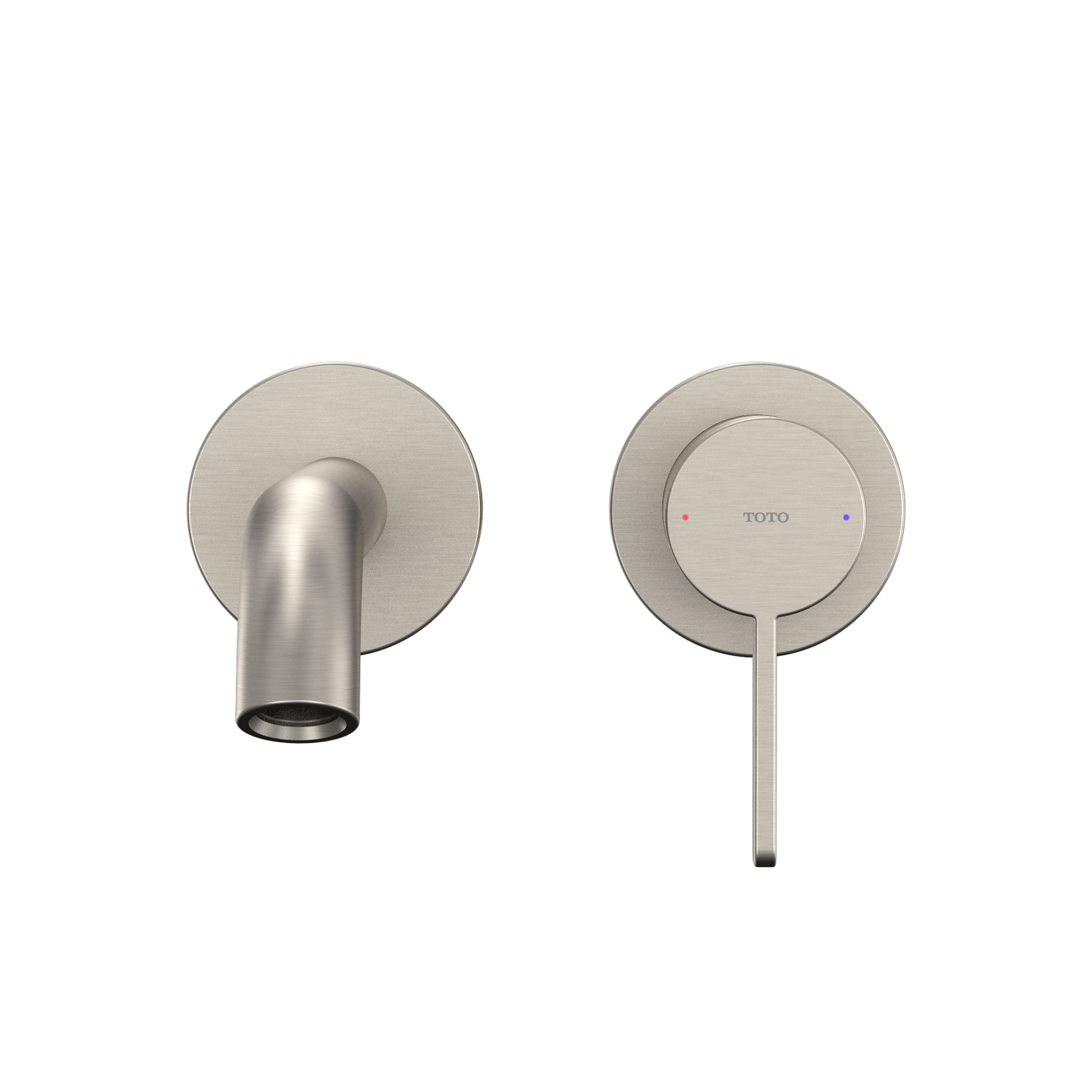 Brushed nickel wall-mount bathroom faucet with cylindrical spout and single lever handle with temperature indicators.