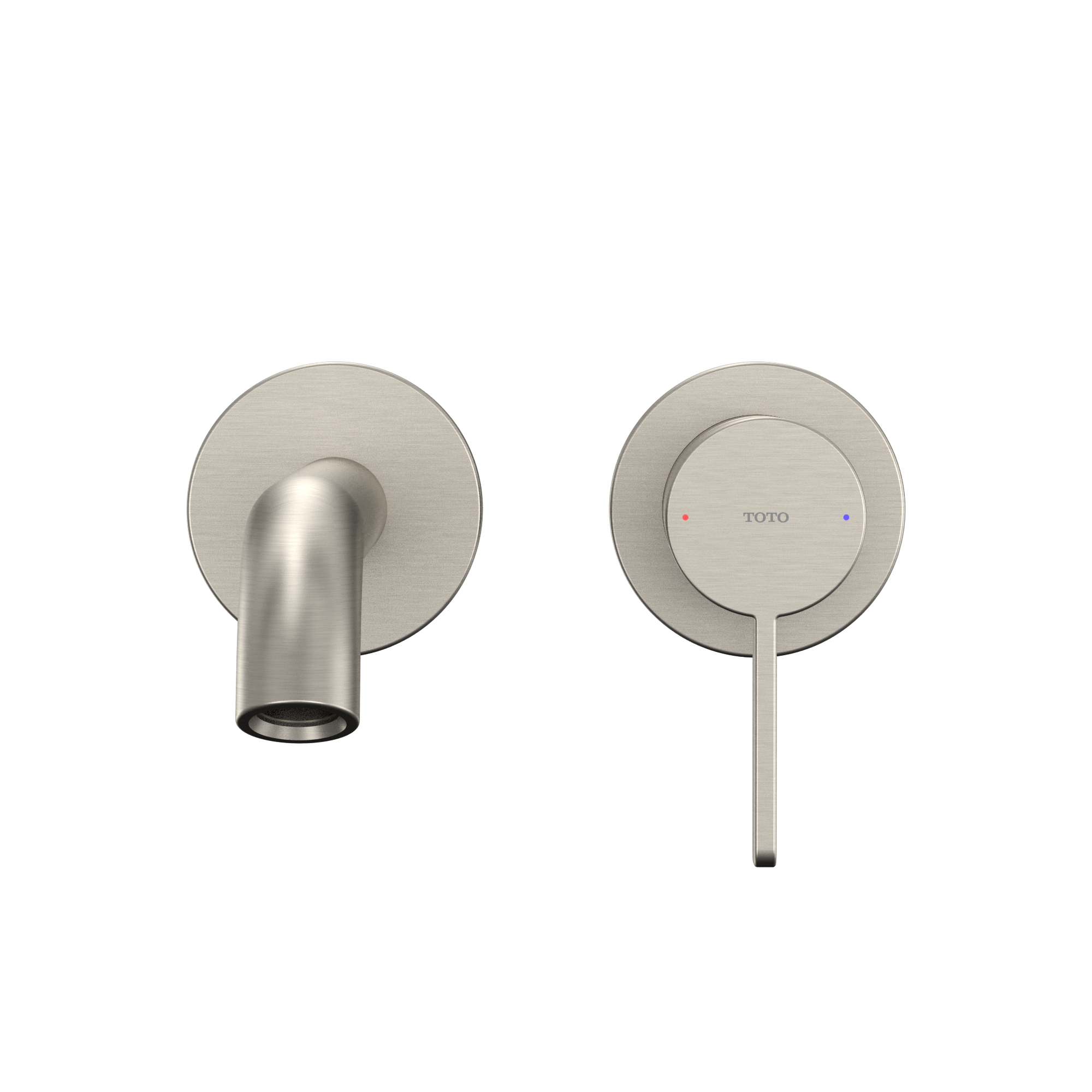 Brushed nickel wall-mount bathroom faucet with cylindrical spout and single lever handle with temperature indicators.