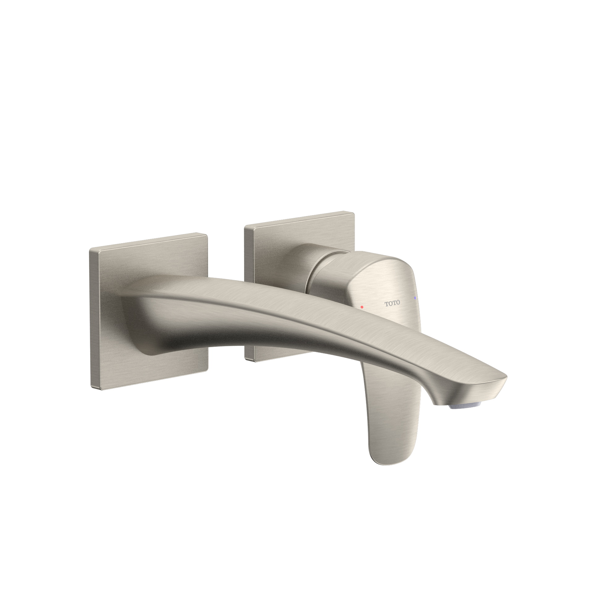 Brushed nickel wall-mount bathroom faucet with single curved handle and rectangular escutcheons.
