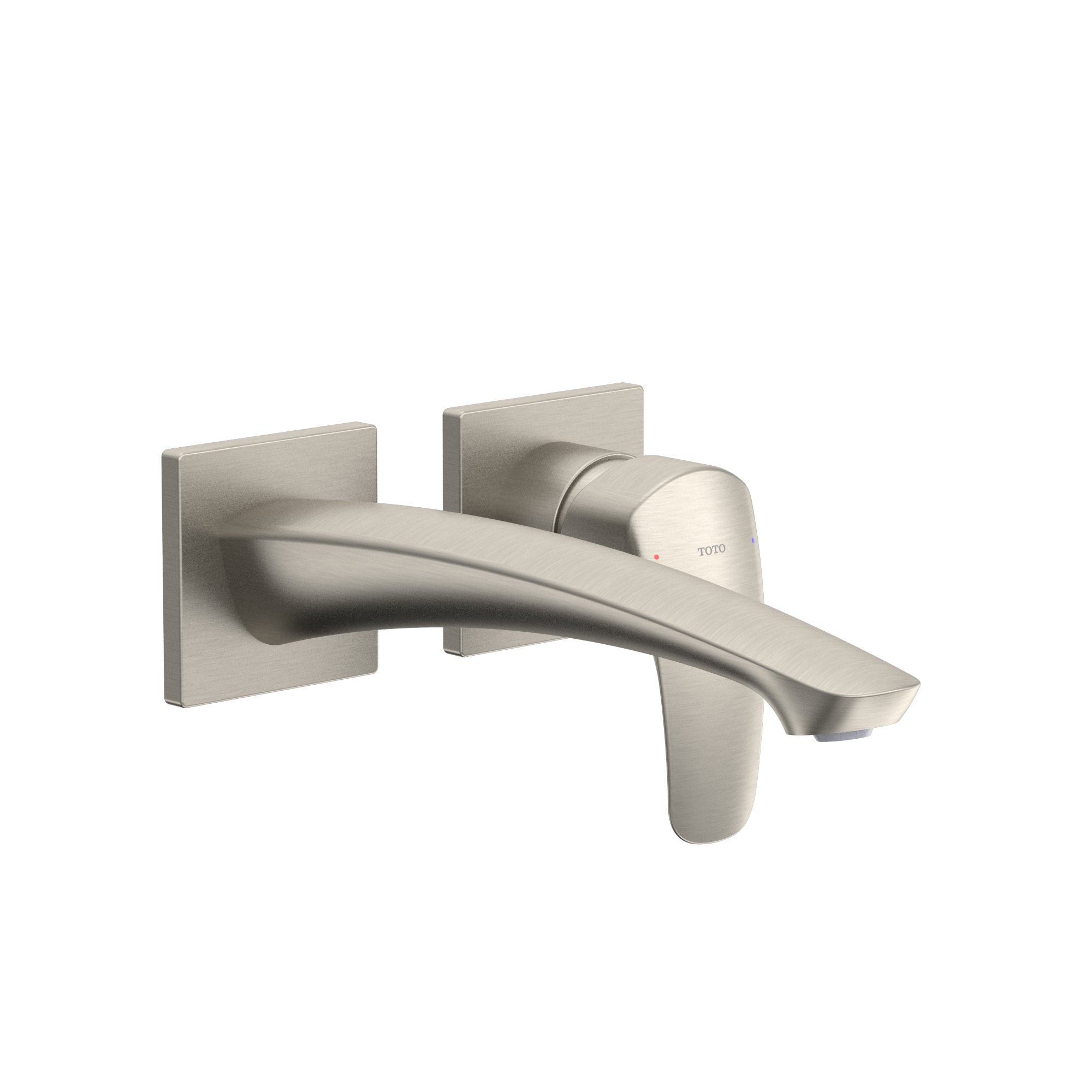 Brushed nickel wall-mount bathroom faucet with single curved handle and rectangular escutcheons.