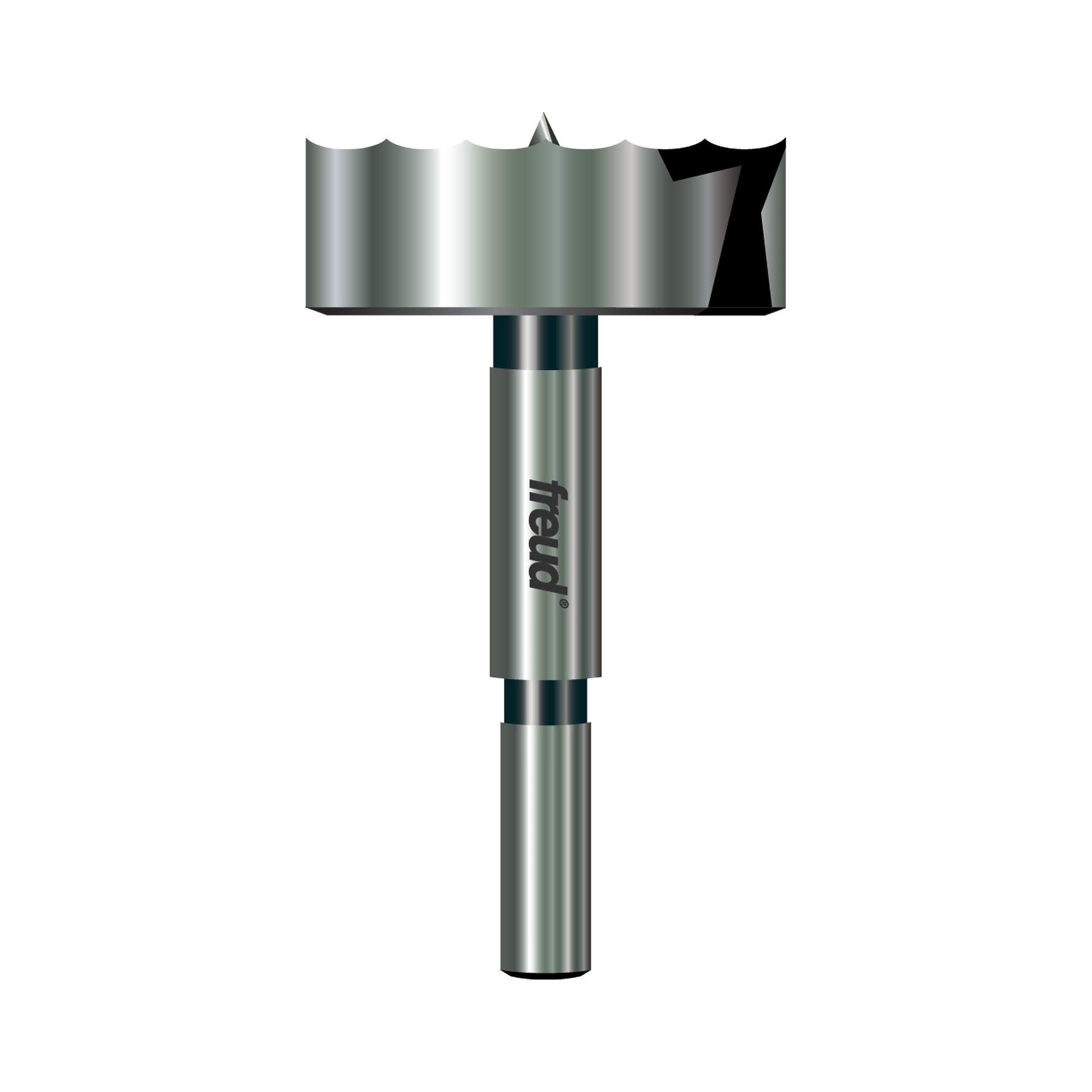 Freud PB-014 Forstner bit with wide cutting head and cylindrical metal shaft, 1-7/8 inch diameter.