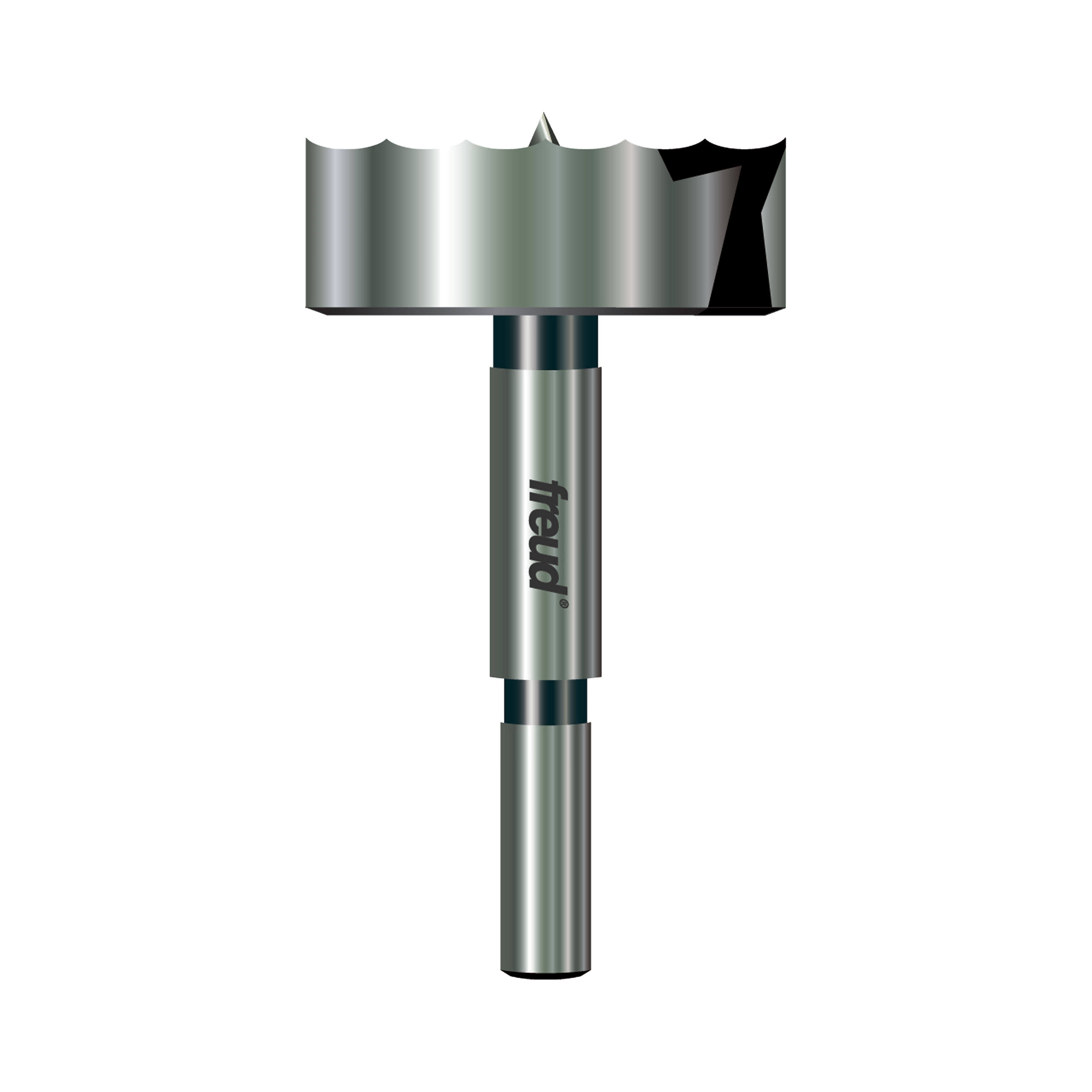 Freud PB-014 Forstner bit with wide cutting head and cylindrical metal shaft, 1-7/8 inch diameter.