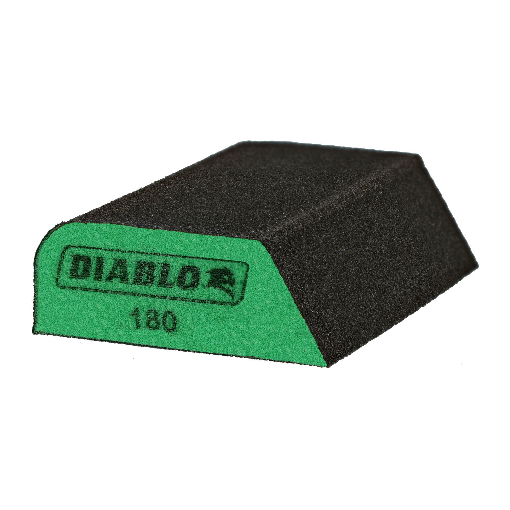Black and green dual-edge sanding sponge with 180-grit surface and Diablo branding.