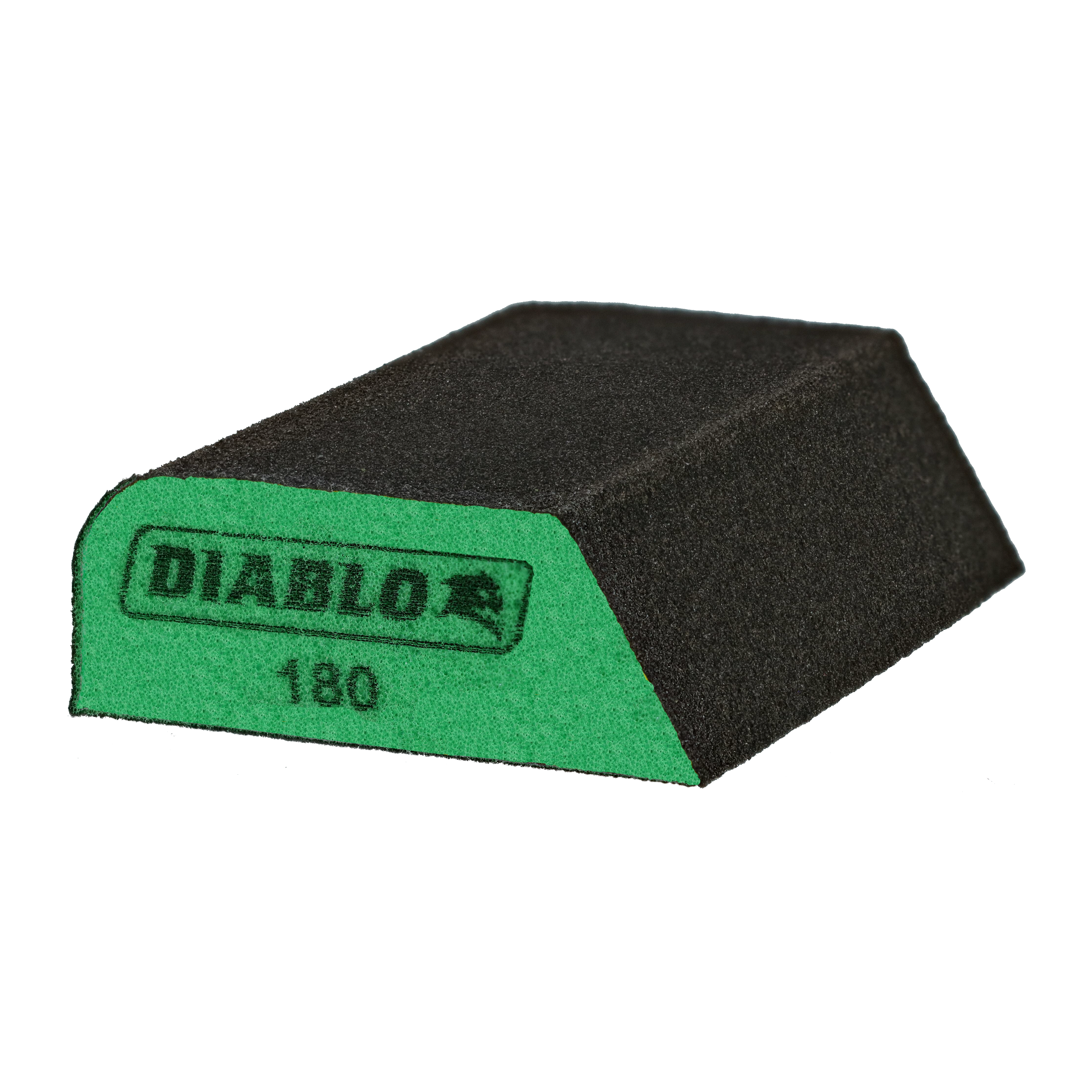 Black and green dual-edge sanding sponge with 180-grit surface and Diablo branding.