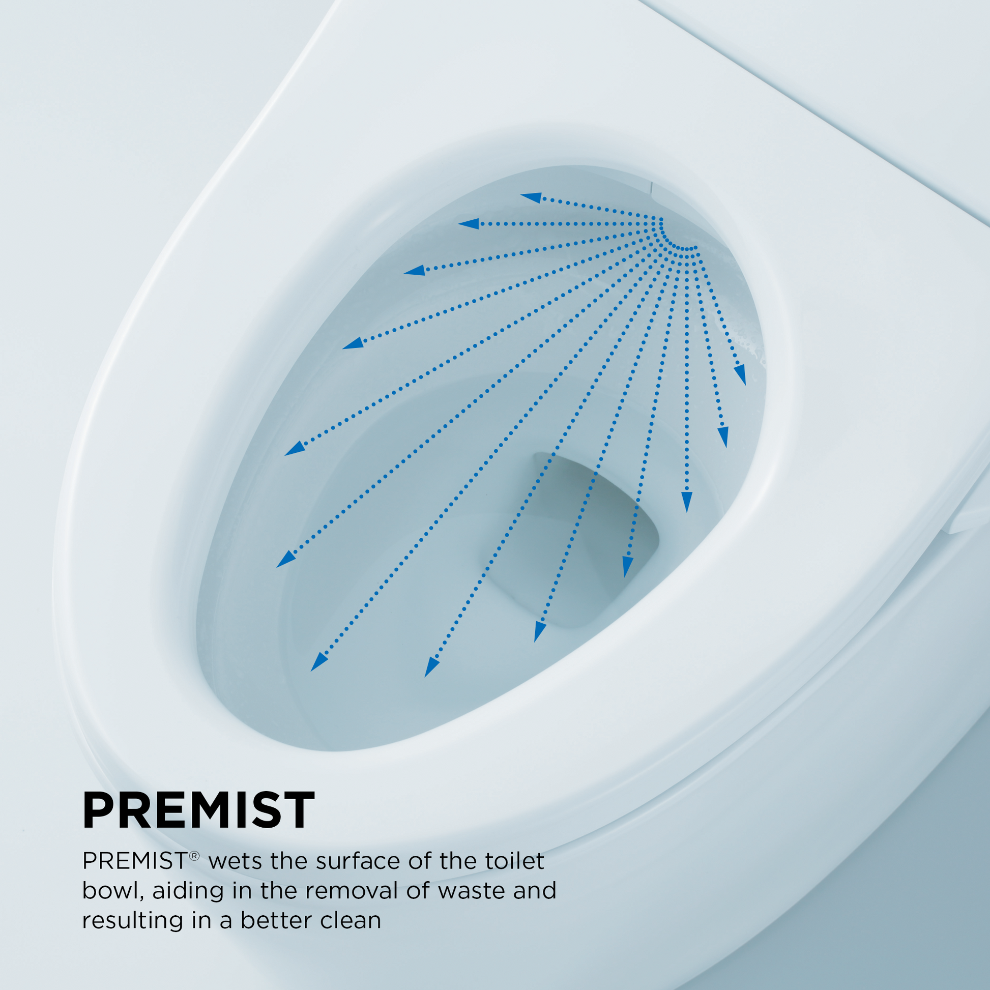 Cotton white one-piece elongated toilet bowl with blue dotted lines showing water spray pattern from bidet seat.