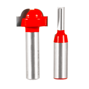 Two router bits with red cutting heads and silver steel shanks for French door grill work.
