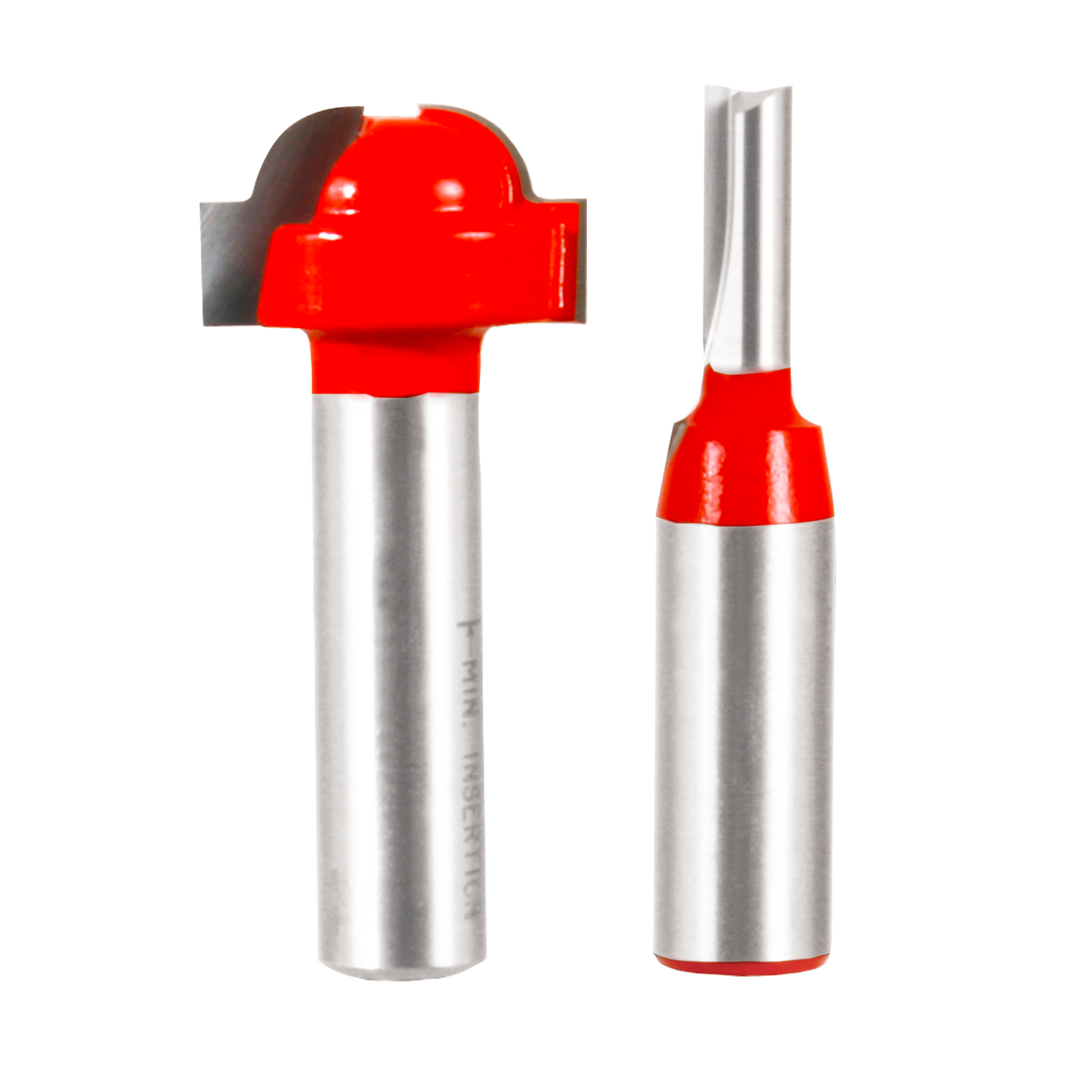 Two router bits with red cutting heads and silver steel shanks for French door grill work.