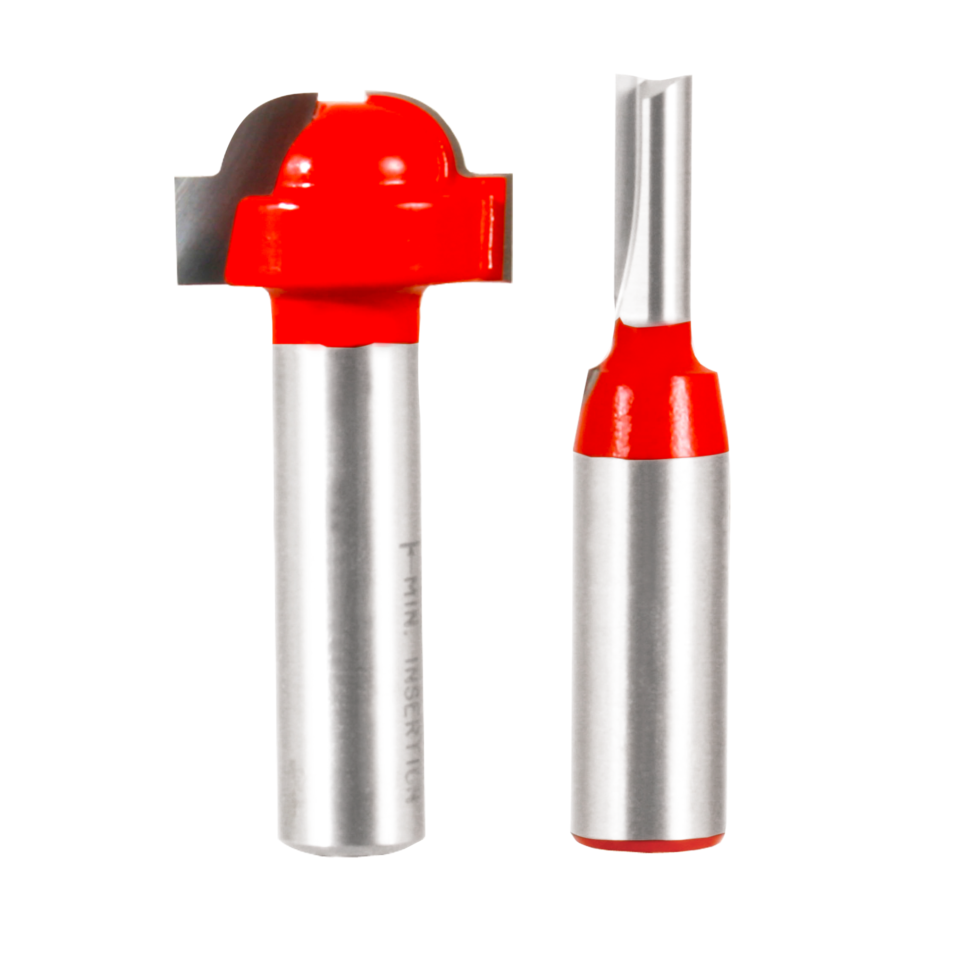 Two router bits with red cutting heads and silver steel shanks for French door grill work.