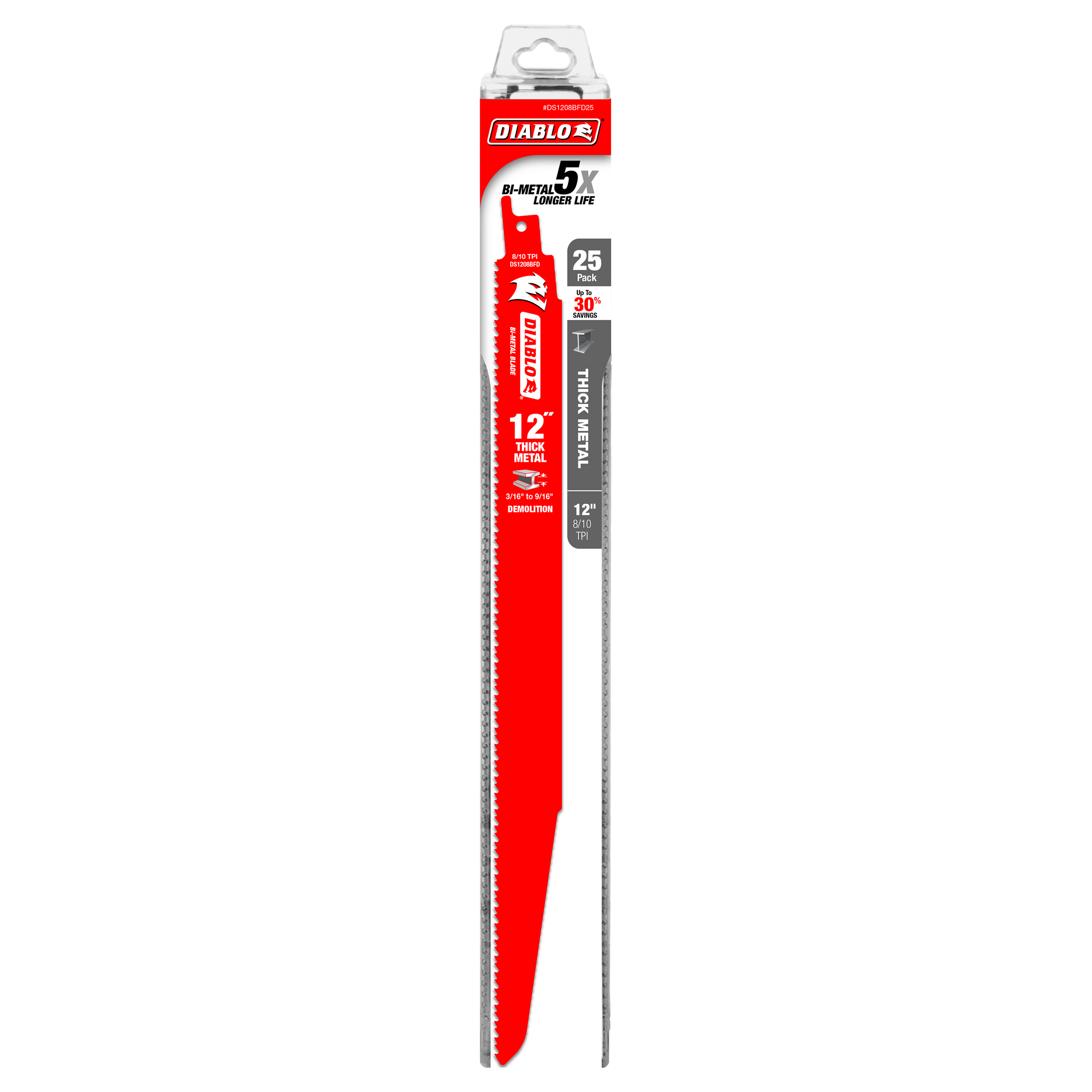 12 inch bi-metal reciprocating saw blade with serrated edge in red and gray packaging labeled 25-pack.