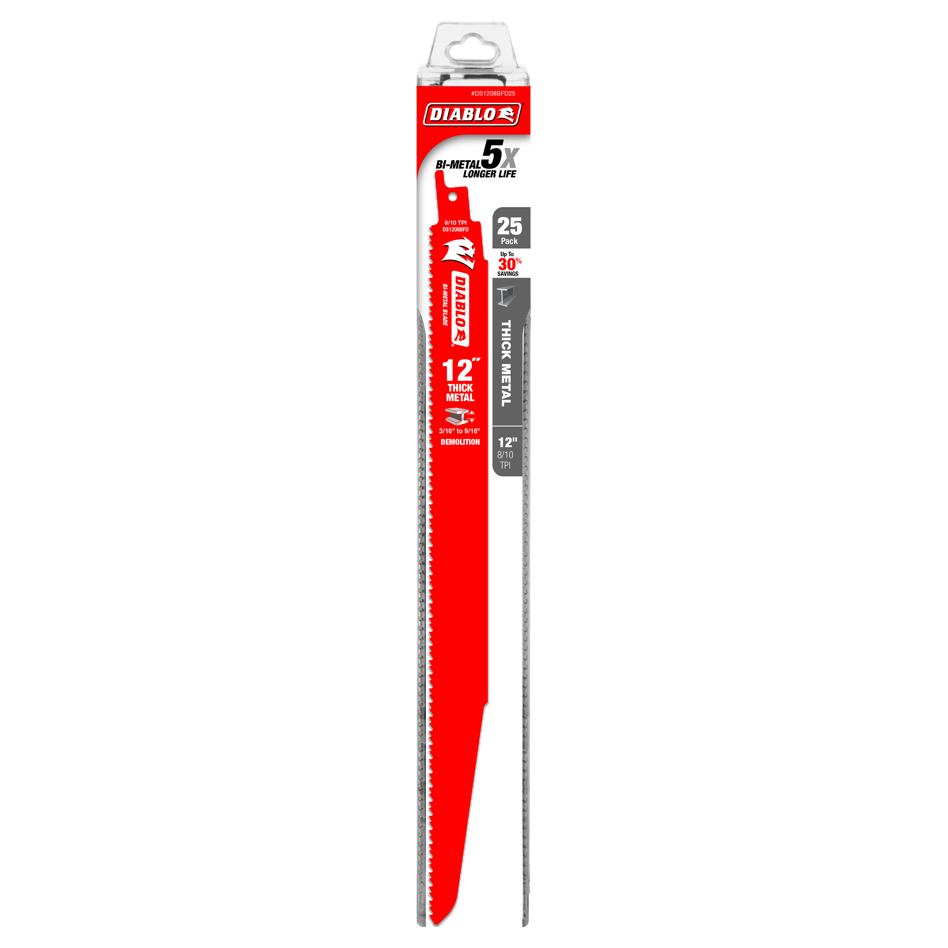 12 inch bi-metal reciprocating saw blade with serrated edge in red and gray packaging labeled 25-pack.