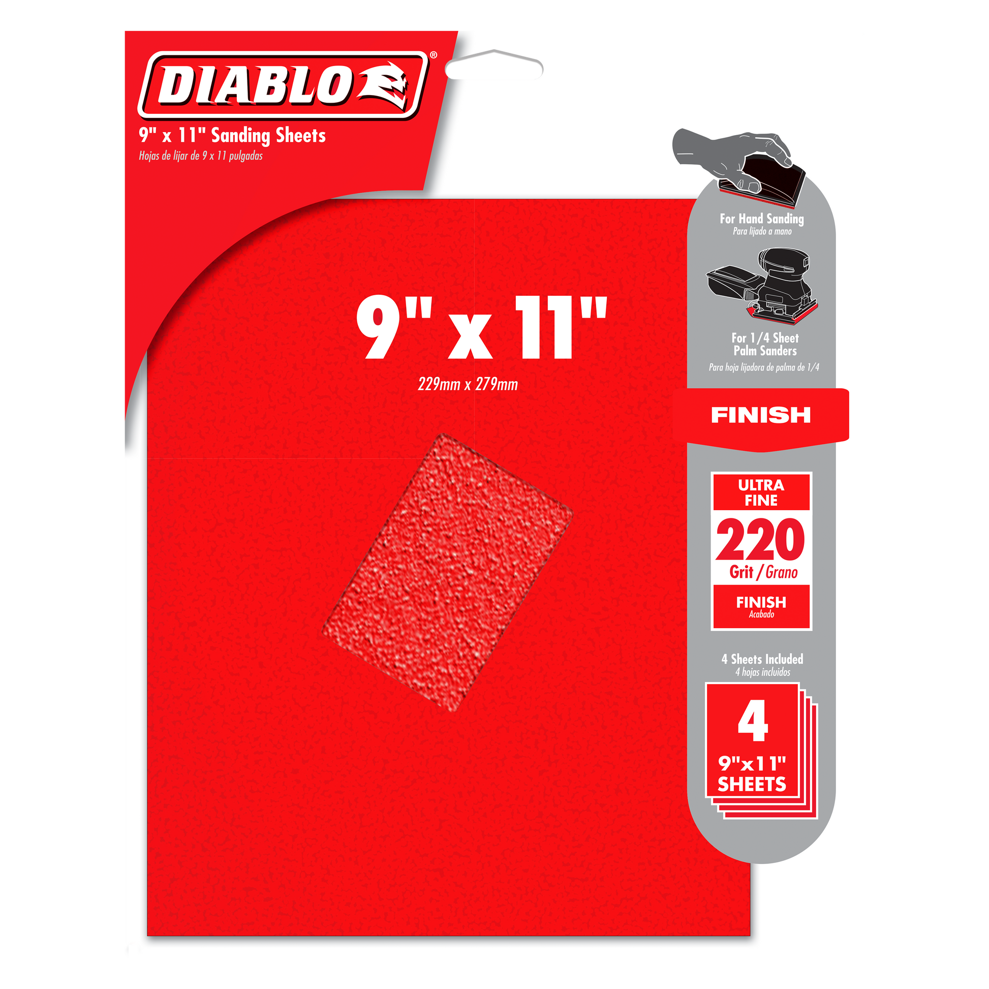 Four red 9" x 11" sanding sheets with 220-grit ultra fine surface in Diablo packaging.