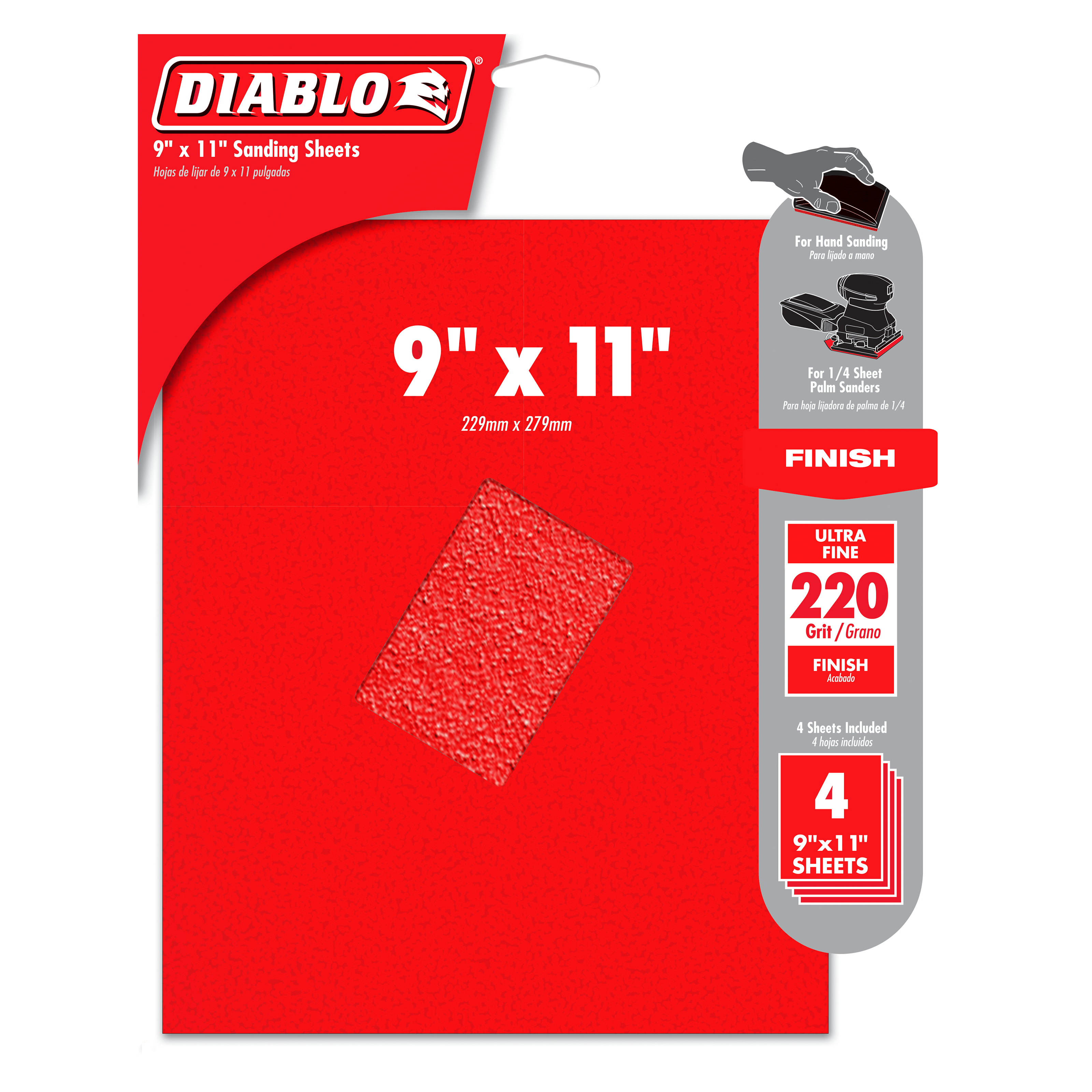 Four red 9" x 11" sanding sheets with 220-grit ultra fine surface in Diablo packaging.