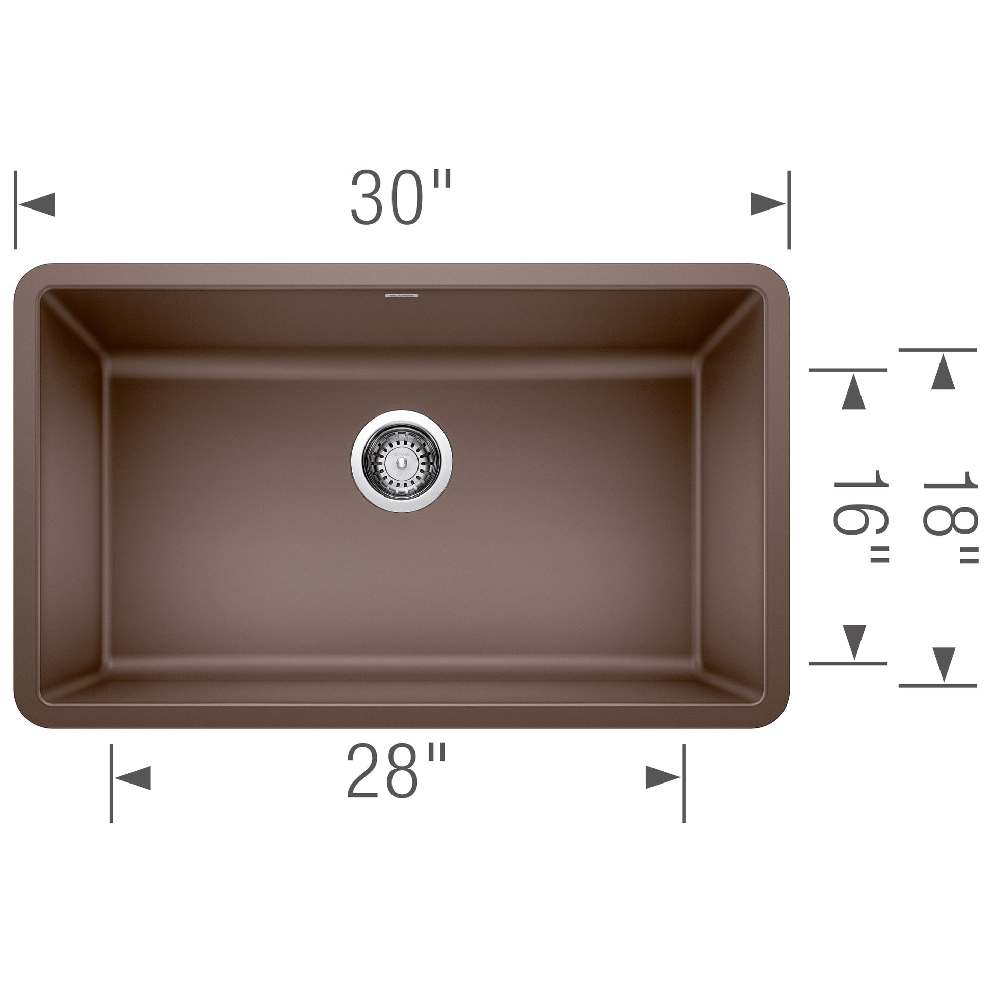 Cafe brown single bowl undermount sink with rounded corners and chrome drain, 30" width x 28" interior width x 19" depth.