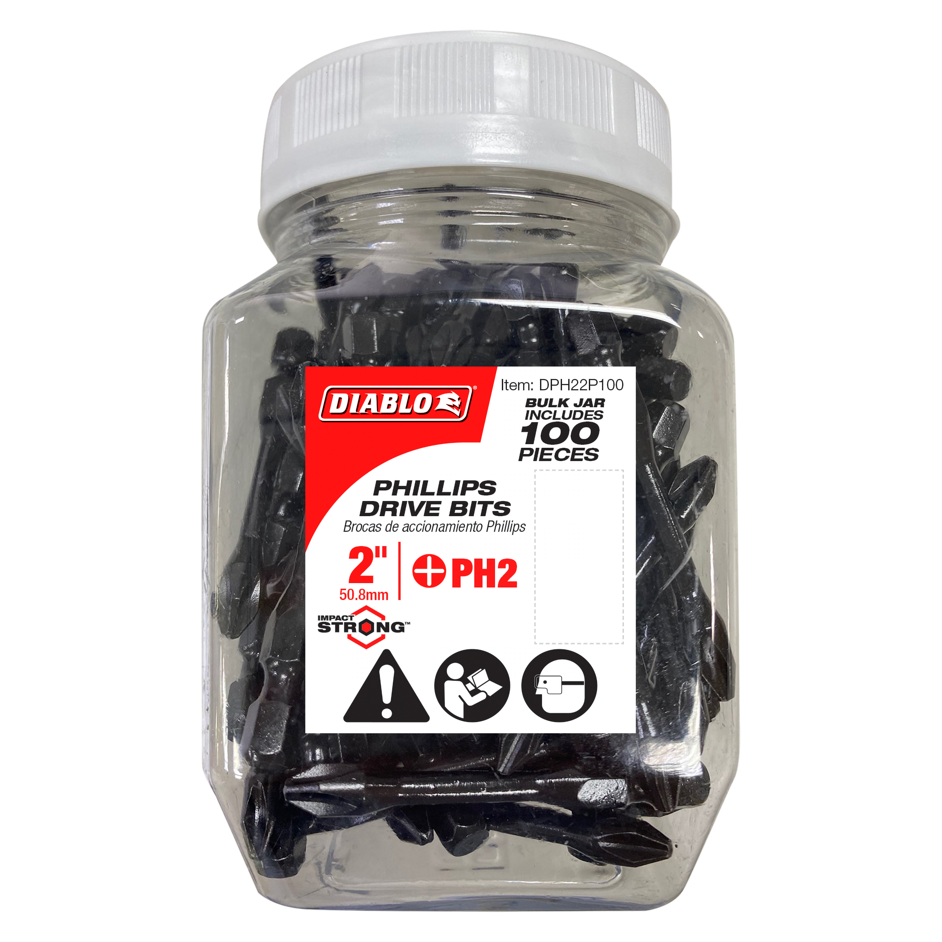 Clear plastic jar containing 100 black Phillips #2 drive bits, 2 inches long, with white screw-top lid and red Diablo label.