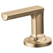 Luxe gold lever handle kit with rounded rectangular spout and circular base for widespread faucet installation.