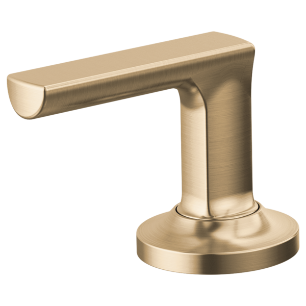 Luxe gold lever handle kit with rounded rectangular spout and circular base for widespread faucet installation.
