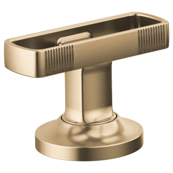 Luxe Gold faucet knob handle with grooved rectangular top and cylindrical pedestal base.